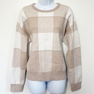 TAHARI Cream and Tan Checkered Long Sleeve Crewneck Sweater XL